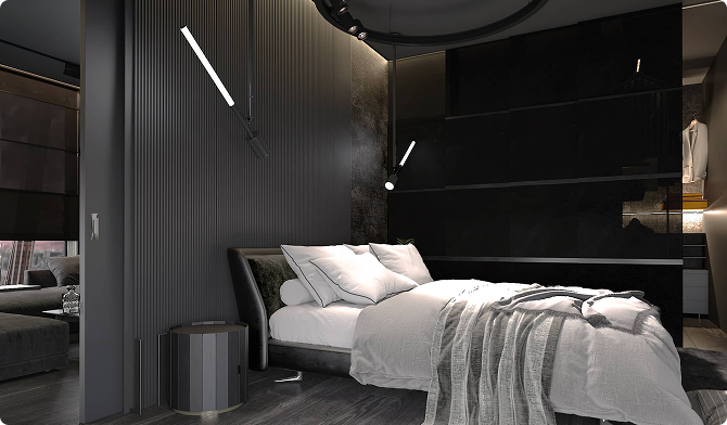 Dark bedroom interior with vertical panels, a bed with white linens and linear pendant lights