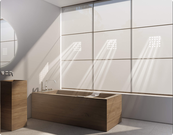 Minimalist bathroom with a wooden bathtub and sunlight streaming through a translucent panel wall