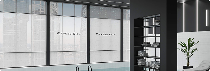 Rollo blinds with a custom print in a pool interior
