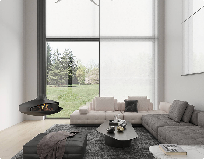 Rollo blinds in a double-height living room with floor-to-ceiling windows